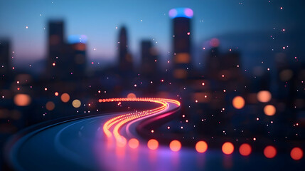 Curving Night Highway Through Glowing Cityscape