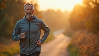 Obraz premium Man jogs nature path at sunrise in grey athletic jacket. Active lifestyle, fitness, health, exercise concept. Morning sun illuminates jogger, promoting wellness, cardio outdoors. Calmness, serenity,