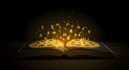 Open Book With Glowing Golden Letters On Dark Background