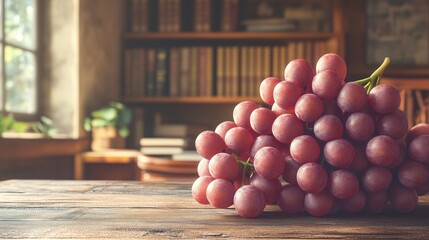 Cluster of vibrant grapes on a rustic home office desk, with a backdrop of a warm, inviting study area.