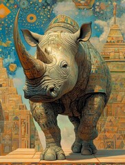 Fototapeta premium Ornate rhino strides through ancient temple city.