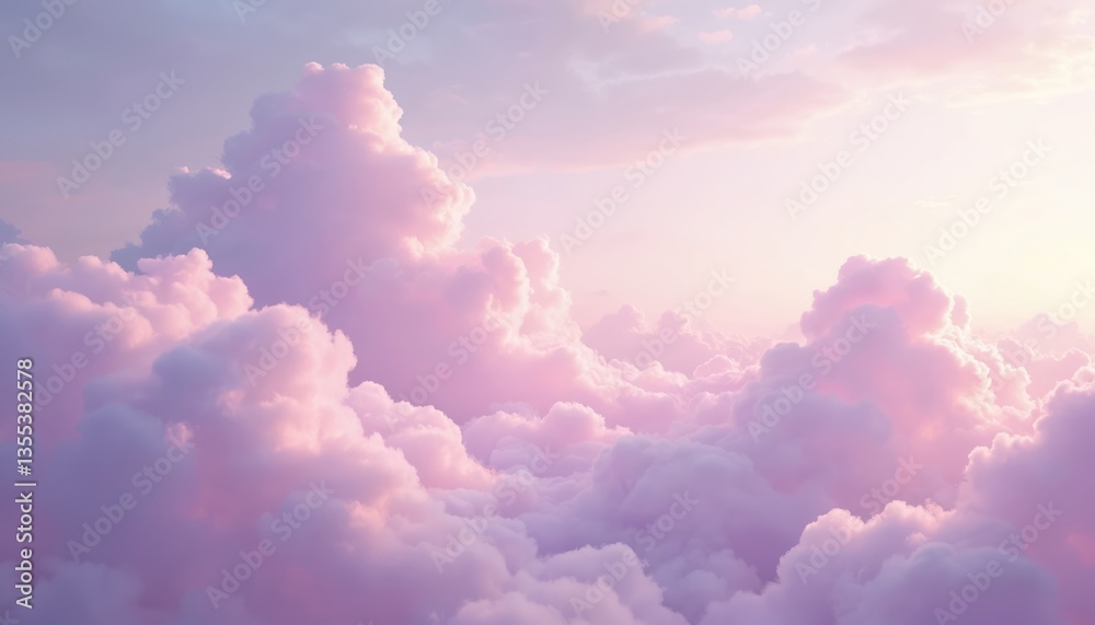 Poster soft purple clouds float across sky, sunset. fluffy clouds in pastel colors, creating dreamy, romant