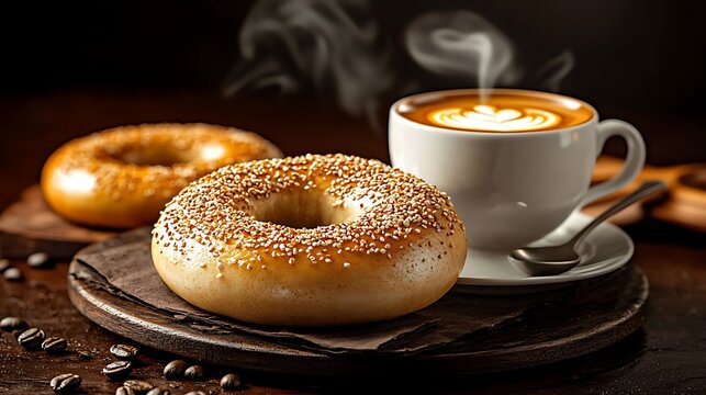 Sesame bagel with latte, and coffee beans. - Powered by Adobe