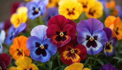Close-up of colorful pansies with charming faces. Bright blossoms in various colors purple, yellow, orange and red. Springtime blooming flora for garden, floral arrangement, design, beauty, nature.