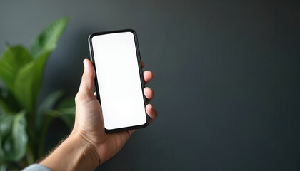 Hand holding smartphone with blank white screen on dark gray background. Green plant in background. Tech device mockup for app, web site presentation, advertising, UI design.