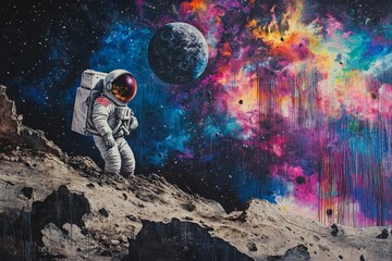 Obraz premium Astronaut explores colorful planet with distant planet