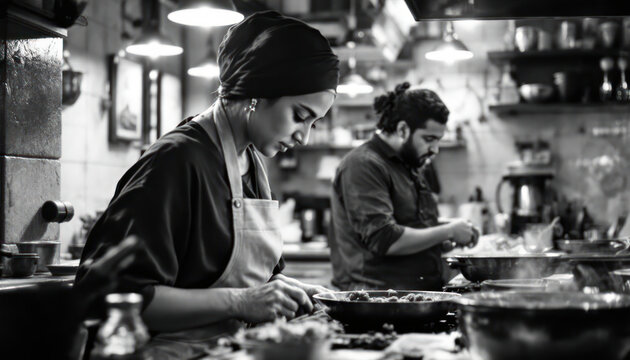 Culinary Passion: Black and White Photography of Chefs in a Busy Kitchen