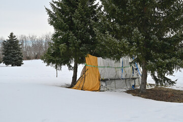 Homeless encampment in the public park in winter