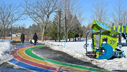 Women walking the dog in the public park in winter