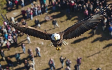 Naklejka premium A rehabilitated eagle being released into the wild, flying above a crowd of rescuers celebrating wildlife rescue success.