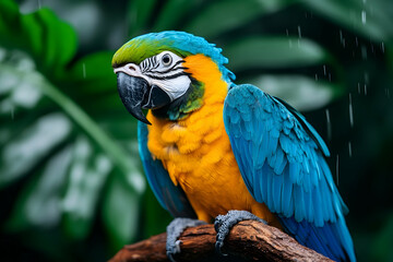Obraz premium Blue-and-gold macaw in rainforest rain