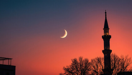 Obraz premium Crescent Moon and Minaret at Sunset: A Serene Islamic Evening