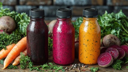 Three colorful bottles of fresh vegetable juices surrounded by fresh vegetables and herbs.