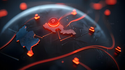 Dark Abstract Global Network with Red Data Connections