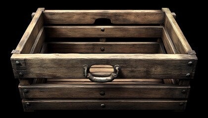 A weathered wooden crate with a metal handle shown on black background