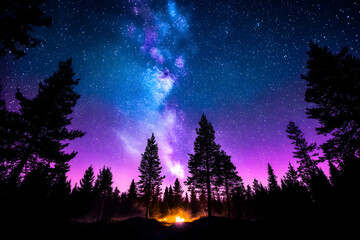 Campfire under Milky Way, forest night sky