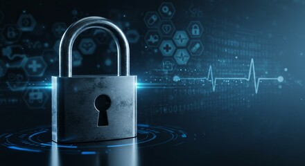 A metallic padlock embedded in a glowing blue microchip, symbolizing data protection and cybersecurity. Intricate circuit lines radiate outward, representing the flow of digital information