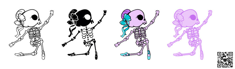 Vector illustration of a Skeleton Ballerina dancing a classical ballet dance, a cute SVG graphic ideal for sublimation print-on-demand (POD) products during the Halloween season.