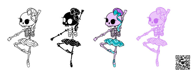 Vector illustration of a Skeleton Ballerina dancing a classical ballet dance, a cute SVG graphic ideal for sublimation print-on-demand (POD) products during the Halloween season. © Colors SVG