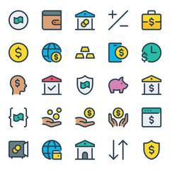 Filled outline icons set for Money investment and savings.