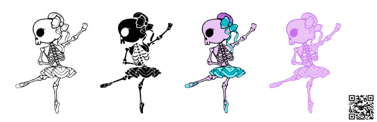 Vector illustration of a Skeleton Ballerina dancing a classical ballet dance, a cute SVG graphic ideal for sublimation print-on-demand (POD) products during the Halloween season.