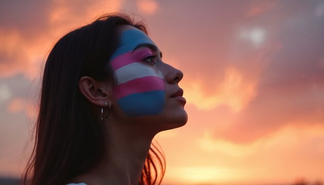 Portrait young woman face paint colors transgender flag. Sky sunset background. Remembrance day, awareness, support. LGBTQ community rights. Symbol of freedom, equality, diversity, tolerance.