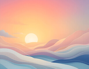 Sunrise Over Abstract Landscape with Pastel Colors and Wavy Terrain