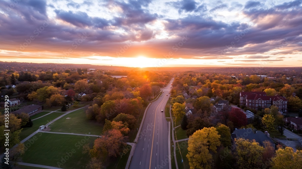 Poster aerial view of roads and colorful trees during sunset showcasing vibrant fall scenery : generative a