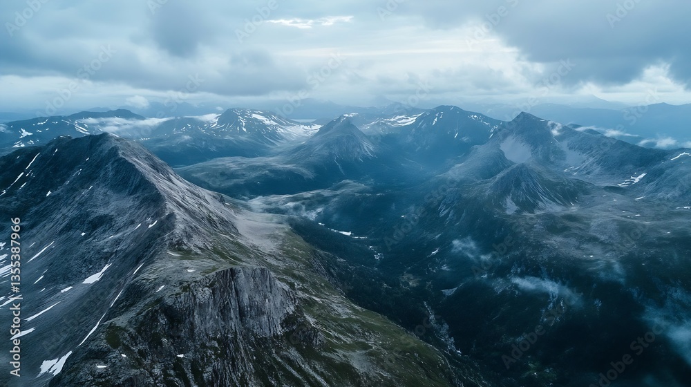 Poster breathtaking aerial view of mountain range showcasing majestic peaks and dramatic weather patterns :