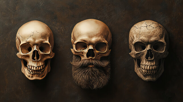 Skulls vector boned head of animals of bull goat or sheep and human skull with beard for barbershop illustration skeleton set isolated on background