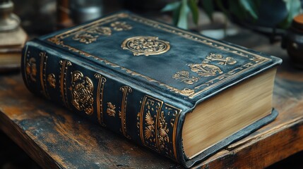 Antique book on wooden table, mystical background