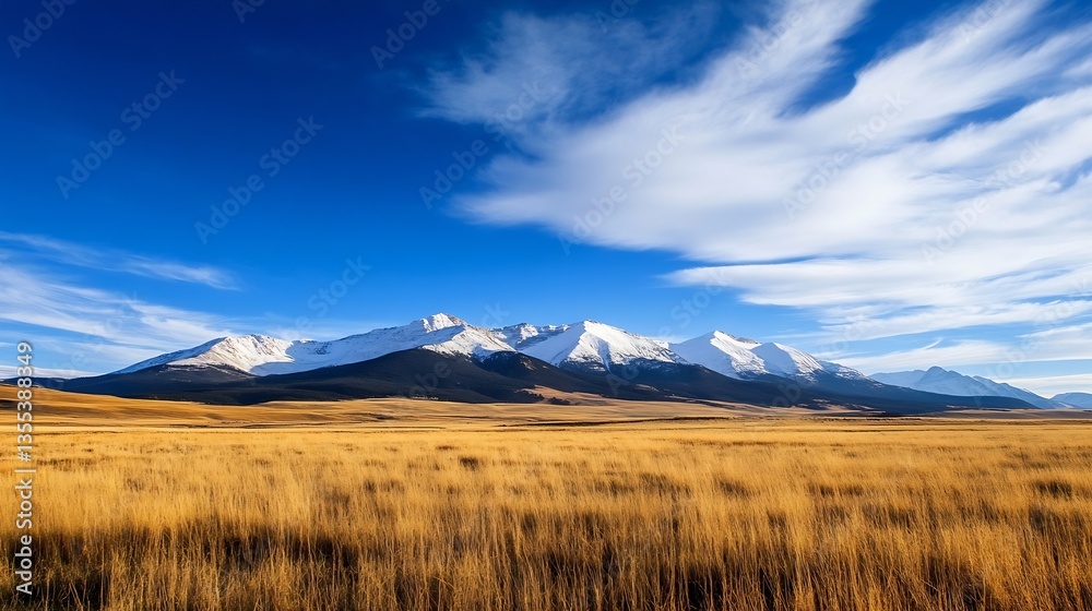 Poster stunning view of majestic snow capped mountains against a vibrant blue sky in an open golden field :