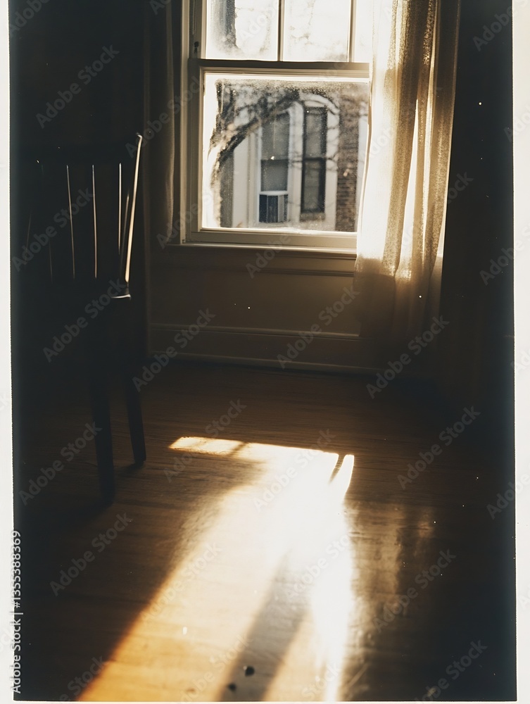 Leinwandbilder sunlight streaming through a window illuminating a wooden floor and empty chair : generative ai