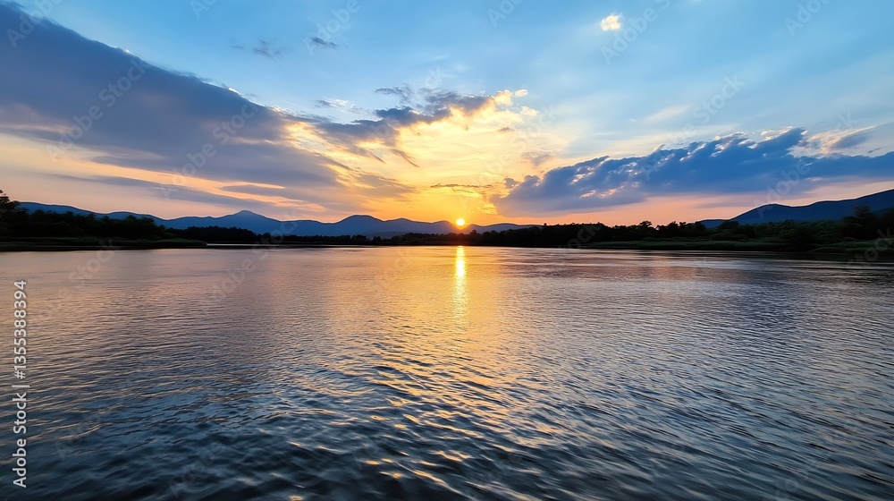 Poster breathtaking sunset over calm waters with mountains in the background and vibrant colors : generativ