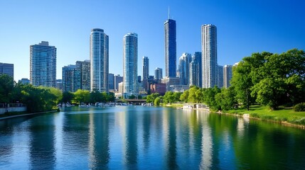 Fototapeta premium Breathtaking City Skyline Reflected in Calm Water With Modern Skyscrapers and Lush Green Parks : Generative AI