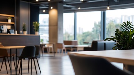 Fototapeta premium Modern café interior with stylish furniture and large windows showcasing a vibrant outdoor scene : Generative AI