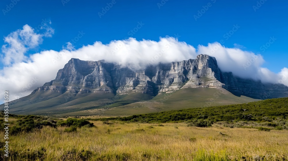 Poster breathtaking view of a majestic mountain with clouds and green fields nearby : generative ai