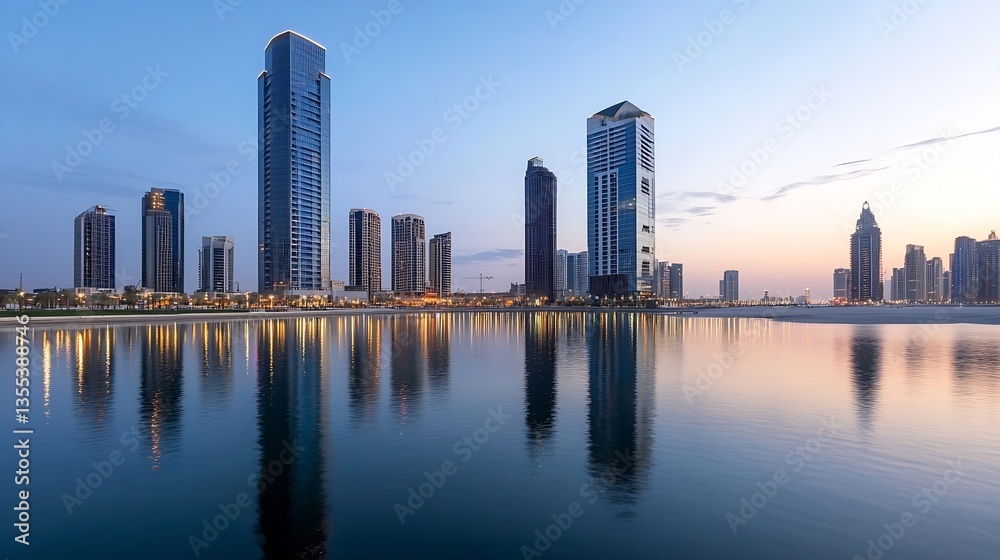 Aufkleber stunning sunset skyline view of modern tall buildings reflecting on a calm water surface : generativ