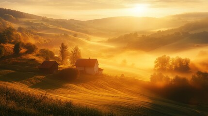 Golden Sunrise over Misty Rolling Hills and Farmhouses