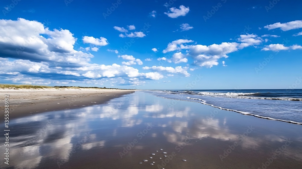 Poster serene coastal view with reflections in the calm water and fluffy clouds under a bright blue sky : g