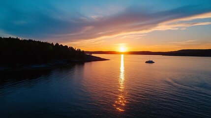 Breathtaking Sunset Over a Calm Bay with a Boat Silhouetted Against the Orange Glow of the Evening Sky : Generative AI