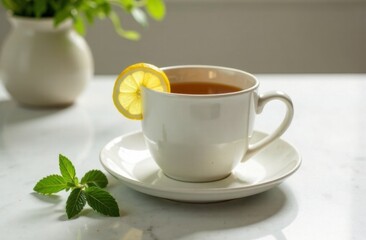 Warm tea cup with lemon slice and mint leaves on marble table  