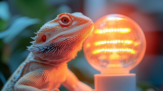 Lizard near warm light bulb in terrarium