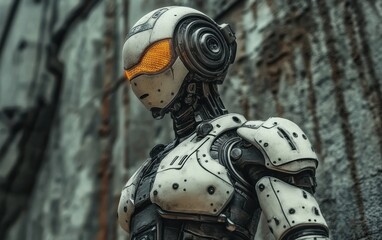 Fototapeta premium A humanoid robot with a sleek white exoskeleton and orange visor stands against a weathered industrial wall.