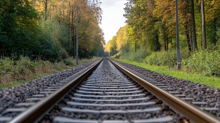 Fototapeta premium Scenic view of railway tracks leading through a vibrant autumn forest showcasing nature's beauty and tranquility : Generative AI