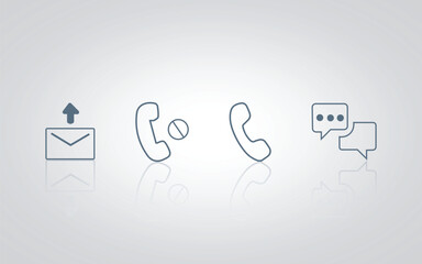 Set of messages, call icons, chat signs, outlined with a silver background