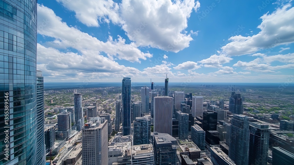 Poster breathtaking panoramic skyline view of a modern city with dramatic clouds and tall buildings : gener