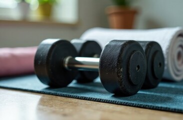 Dumbbell resting on exercise mat in a cozy home gym  