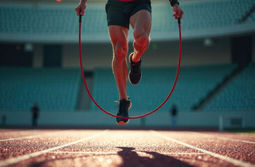 Athletic man skipping rope on an empty stadium track  