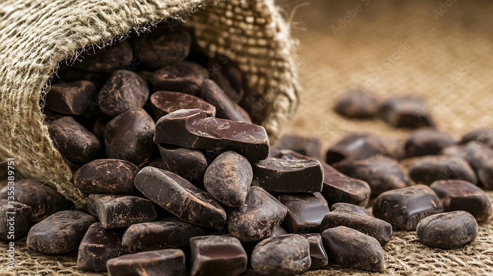 Poster artisan chocolate pieces spilling out of a burlap sack on a rustic wooden surface : generative ai